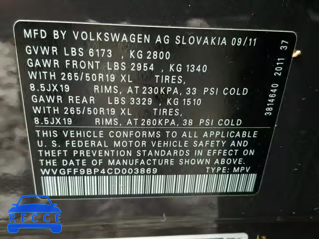 2012 VOLKSWAGEN TOUAREG V6 WVGFF9BP4CD003869 Bild 9