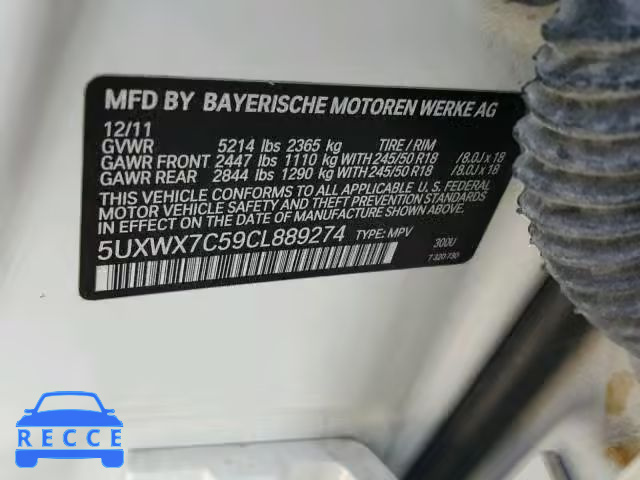 2012 BMW X3 XDRIVE3 5UXWX7C59CL889274 зображення 9