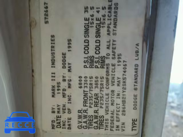 1995 DODGE RAM VAN B2 2B6HB21Y2SK574067 зображення 9
