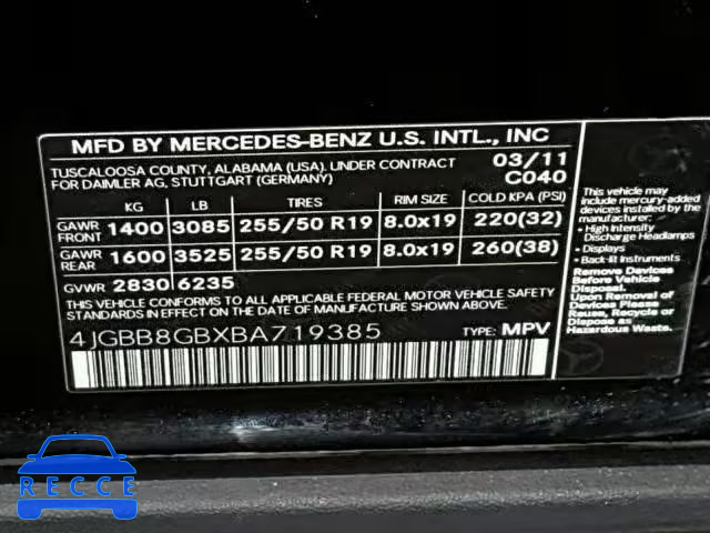 2011 MERCEDES-BENZ ML 350 4MA 4JGBB8GBXBA719385 зображення 9