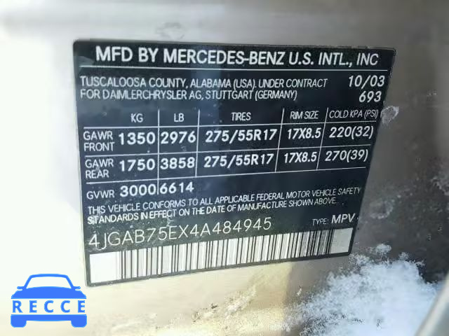 2004 MERCEDES-BENZ ML 500 4JGAB75EX4A484945 зображення 9
