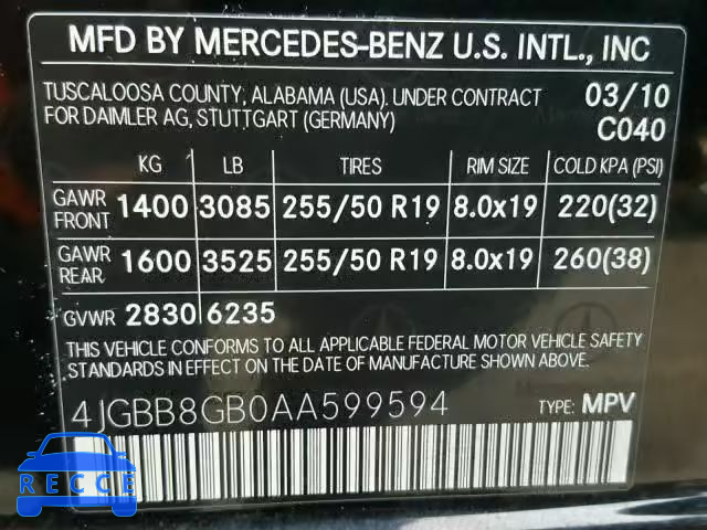 2010 MERCEDES-BENZ ML 350 4MA 4JGBB8GB0AA599594 зображення 9