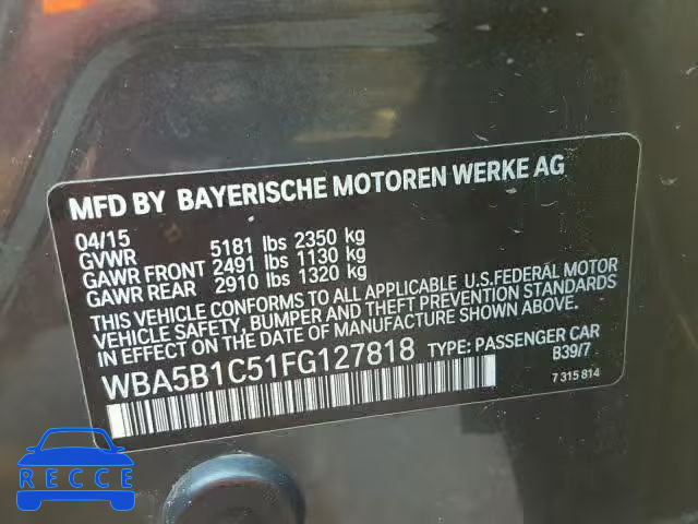 2015 BMW 535 I WBA5B1C51FG127818 зображення 9