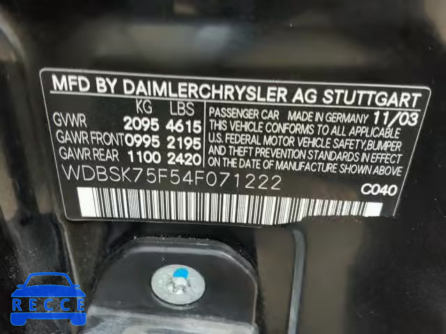 2004 MERCEDES-BENZ SL 500 WDBSK75F54F071222 Bild 9