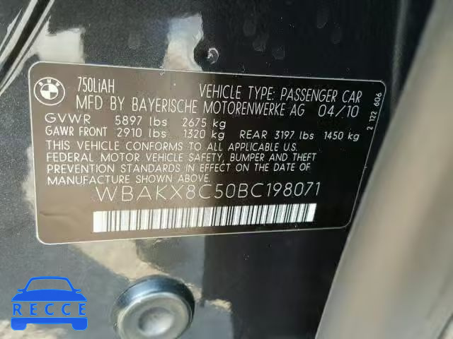 2011 BMW 750 LI WBAKX8C50BC198071 зображення 9