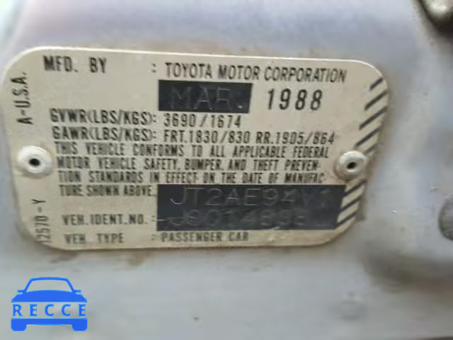 1988 TOYOTA COROLLA DL JT2AE94V1J0014838 зображення 9