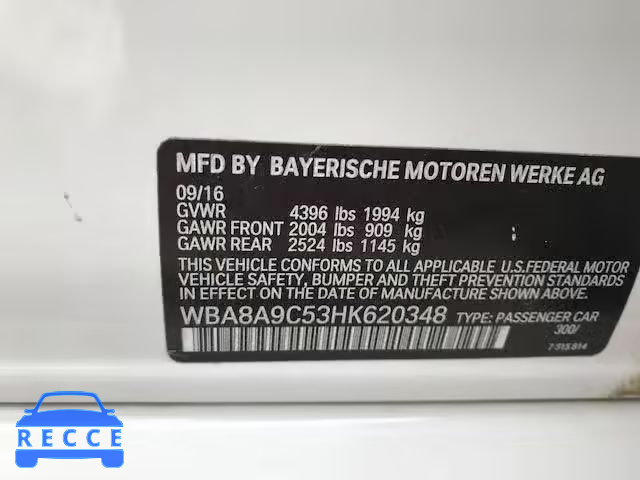 2017 BMW 320 I WBA8A9C53HK620348 зображення 9