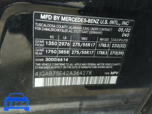 2002 MERCEDES-BENZ ML 500 4JGAB75E42A364278 зображення 9