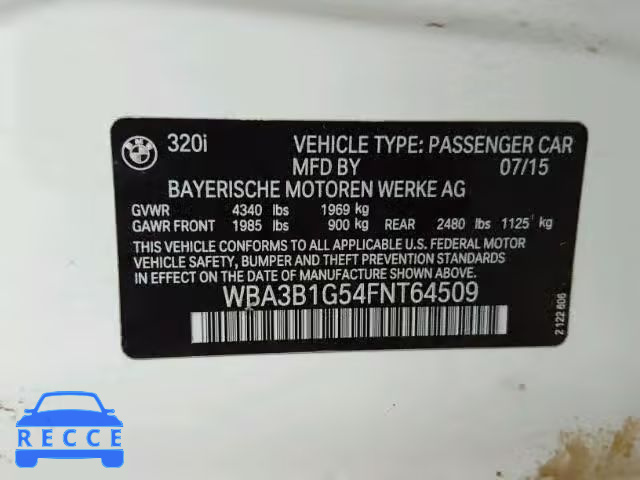 2015 BMW 320 I WBA3B1G54FNT64509 зображення 9