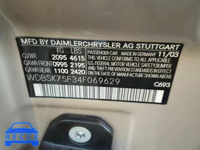2004 MERCEDES-BENZ SL 500 WDBSK75F34F069629 image 9