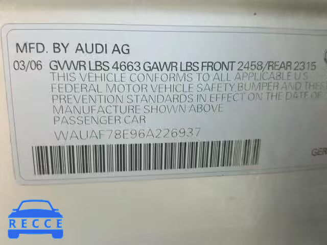 2006 AUDI A4 2 WAUAF78E96A226937 зображення 9