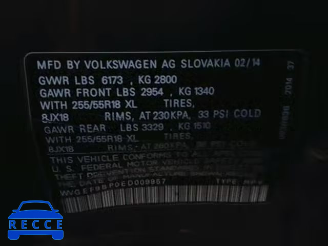 2014 VOLKSWAGEN TOUAREG V6 WVGEF9BP0ED009957 image 9