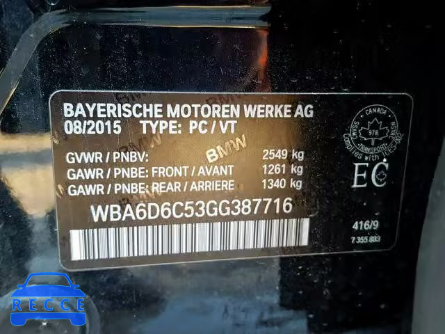 2016 BMW 650 XI WBA6D6C53GG387716 зображення 9