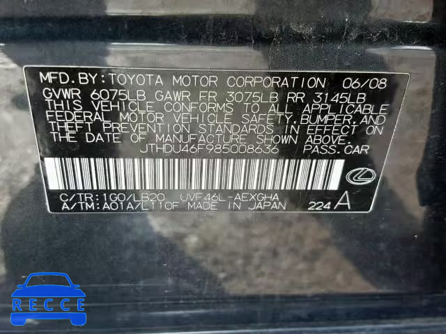 2008 LEXUS LS 600HL JTHDU46F985008636 image 9