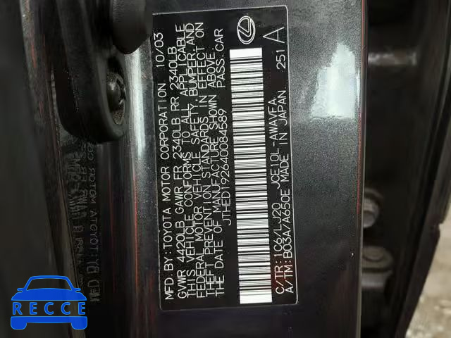 2004 LEXUS IS 300 SPO JTHED192640084589 image 9