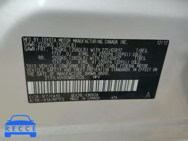 2012 TOYOTA RAV4 EV 2T3YL4DVXCW001535 Bild 9