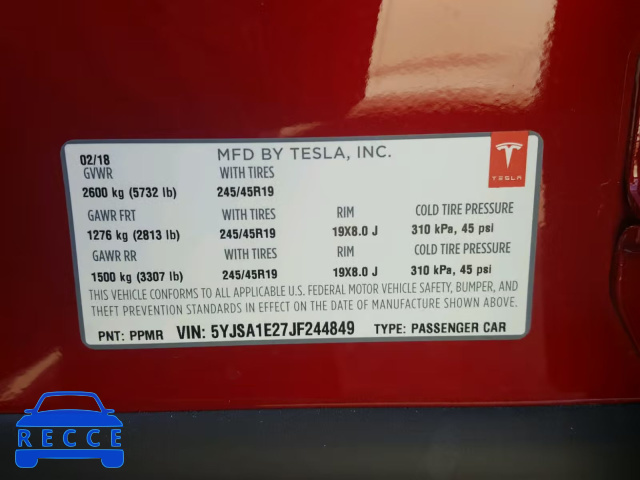 2018 TESLA MODEL S 5YJSA1E27JF244849 зображення 9