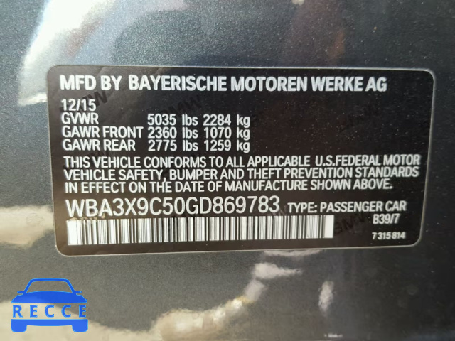 2016 BMW 335 XIGT WBA3X9C50GD869783 зображення 9
