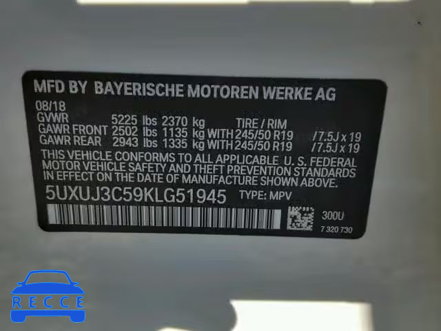 2019 BMW X4 XDRIVE3 5UXUJ3C59KLG51945 зображення 9