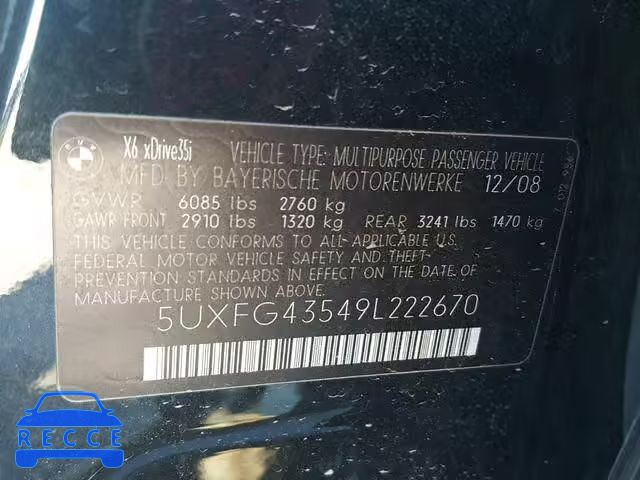 2009 BMW X6 XDRIVE3 5UXFG43549L222670 image 9