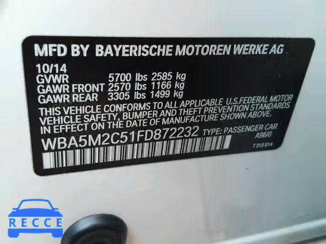 2015 BMW 535 IGT WBA5M2C51FD872232 зображення 9