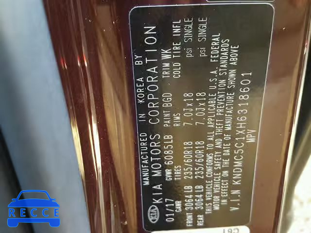 2017 KIA SEDONA EX KNDMC5C1XH6318601 зображення 9