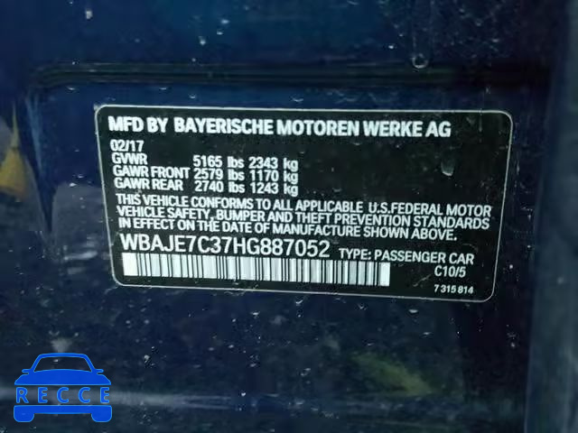 2017 BMW 540 XI WBAJE7C37HG887052 зображення 9