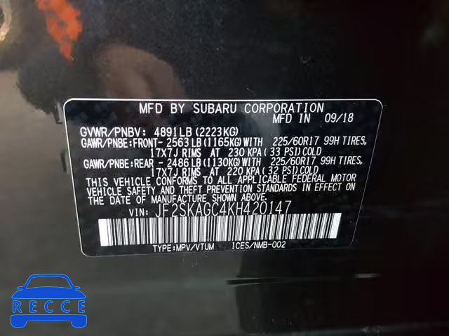 2019 SUBARU FORESTER P JF2SKAGC4KH420147 image 9