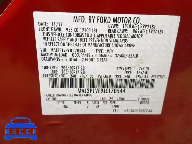 2018 FORD ECOSPORT T MAJ3P1VE9JC170544 зображення 9