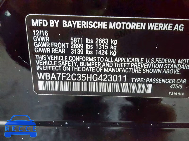 2017 BMW 750 XI WBA7F2C35HG423011 зображення 9