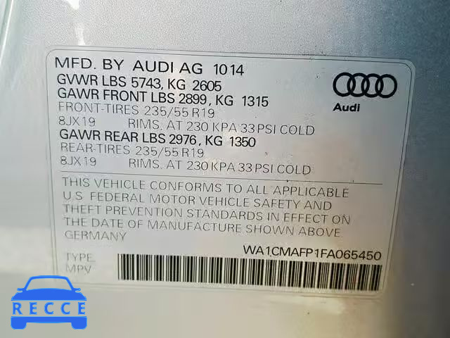 2015 AUDI Q5 TDI WA1CMAFP1FA065450 Bild 9