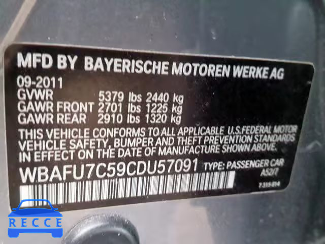 2012 BMW 535 XI WBAFU7C59CDU57091 зображення 9