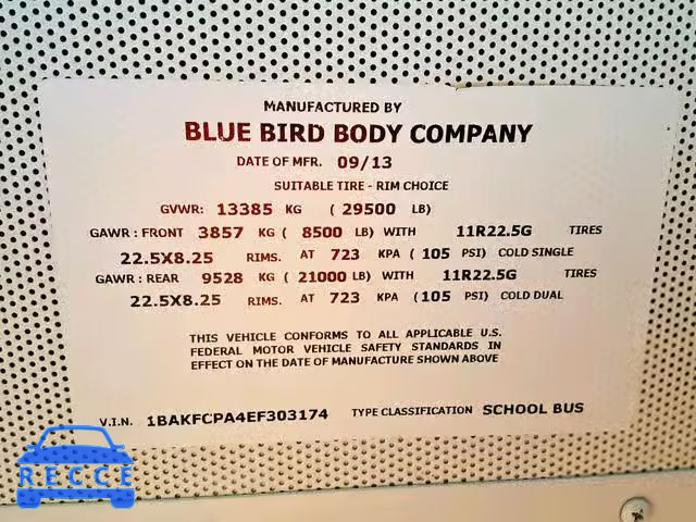 2014 BLUE BIRD SCHOOL BUS 1BAKFCPA4EF303174 зображення 9