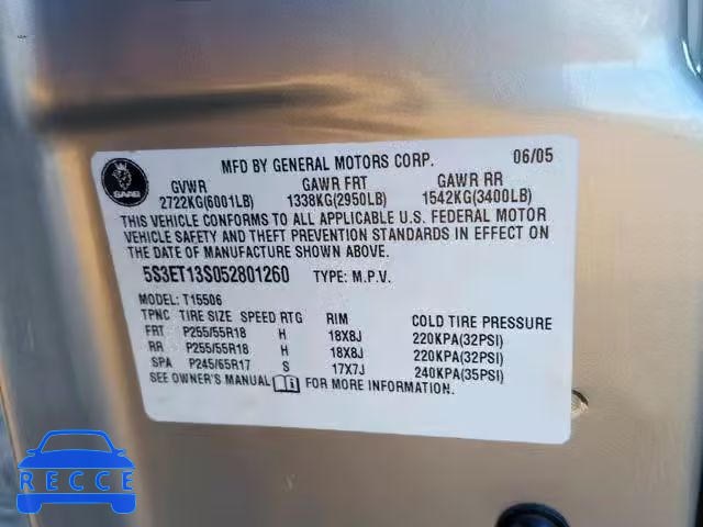 2005 SAAB 9-7X LINEA 5S3ET13S052801260 image 9