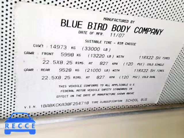 2008 BLUE BIRD SCHOOL BUS 1BABKCKA38F254718 Bild 9