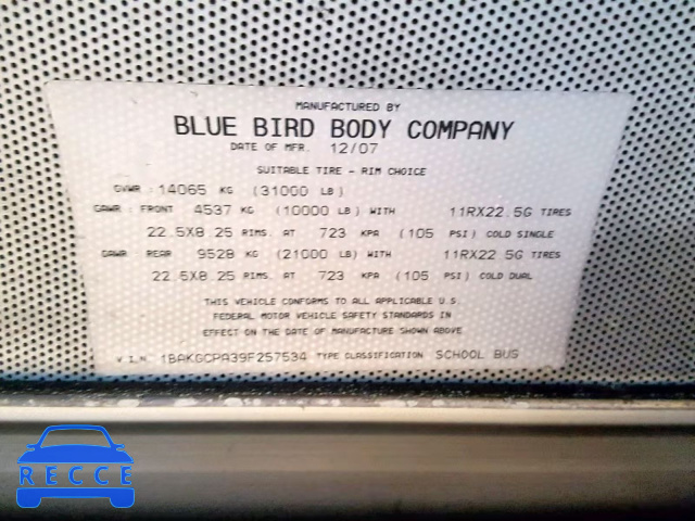 2009 BLUE BIRD SCHOOL BUS 1BAKGCPA39F257534 Bild 9