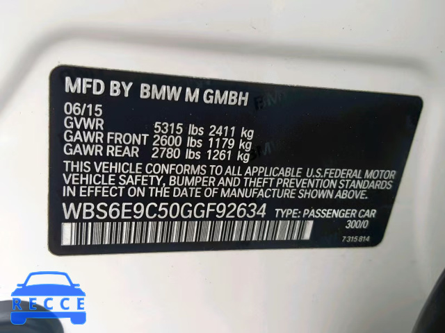 2016 BMW M6 GRAN CO WBS6E9C50GGF92634 зображення 9