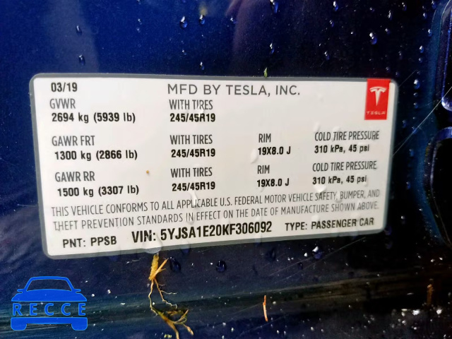 2019 TESLA MODEL S 5YJSA1E20KF306092 зображення 9