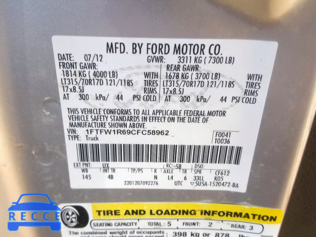 2012 FORD F150 SVT R 1FTFW1R69CFC58962 image 9