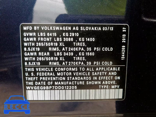 2013 VOLKSWAGEN TOUAREG HY WVGEG9BP7DD012205 image 9