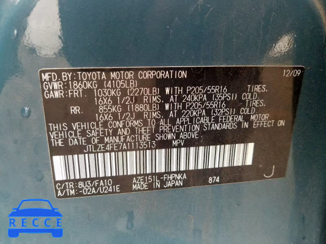 2010 TOYOTA XB JTLZE4FE7A1113513 зображення 9