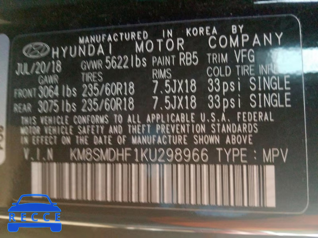 2019 HYUNDAI SANTA FE X KM8SMDHF1KU298966 image 9