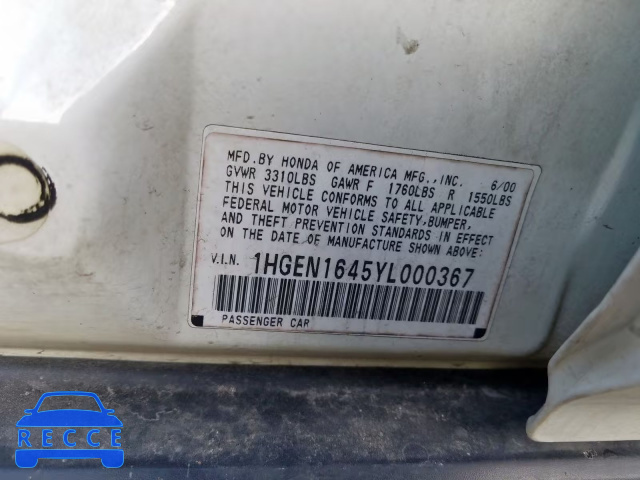 2000 HONDA CIVIC GX 1HGEN1645YL000367 image 9