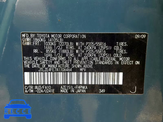 2010 TOYOTA XB JTLZE4FE7A1106464 зображення 9