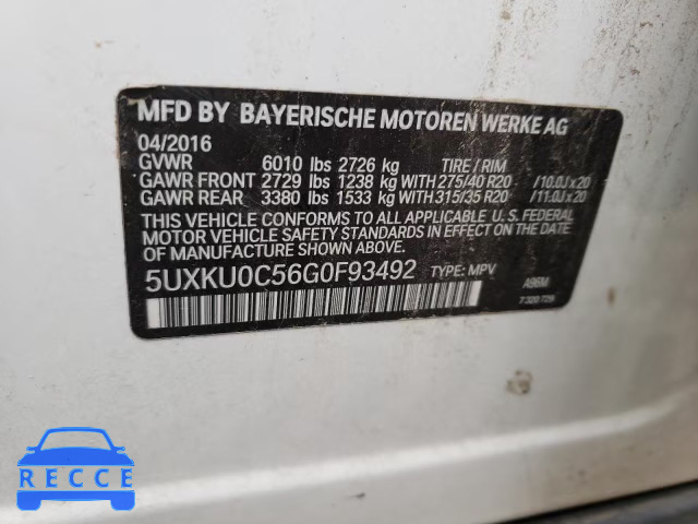 2016 BMW X6 SDRIVE3 5UXKU0C56G0F93492 image 9