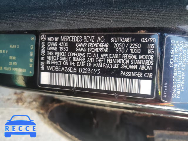 1990 MERCEDES-BENZ 300-CLASS WDBEA26D8LB223693 зображення 9