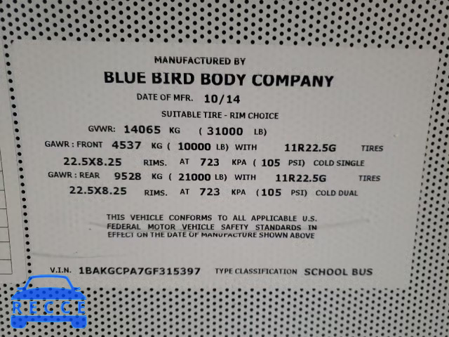 2016 BLUE BIRD SCHOOL BUS 1BAKGCPA7GF315397 image 9