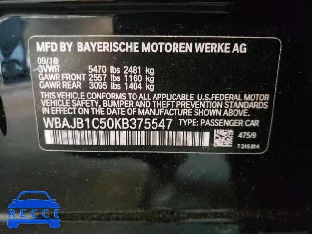 2019 BMW 530XE WBAJB1C50KB375547 зображення 9