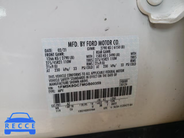 2021 FORD EXPLORER S 1FM5K8GC7MGB00359 image 9