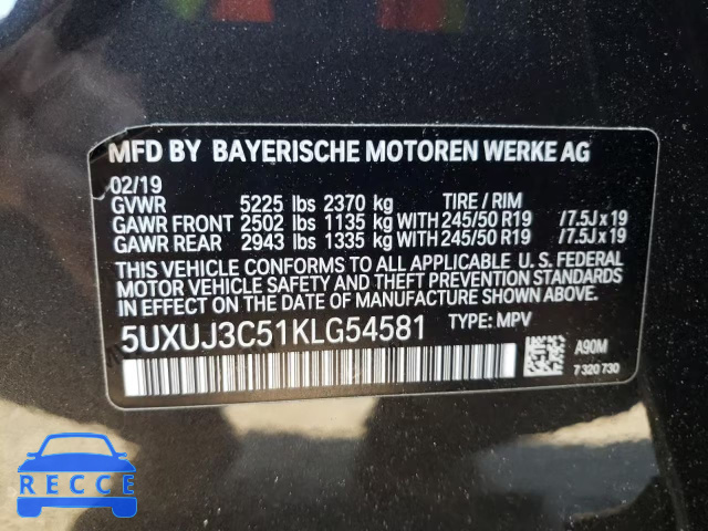 2019 BMW X4 XDRIVE3 5UXUJ3C51KLG54581 image 9